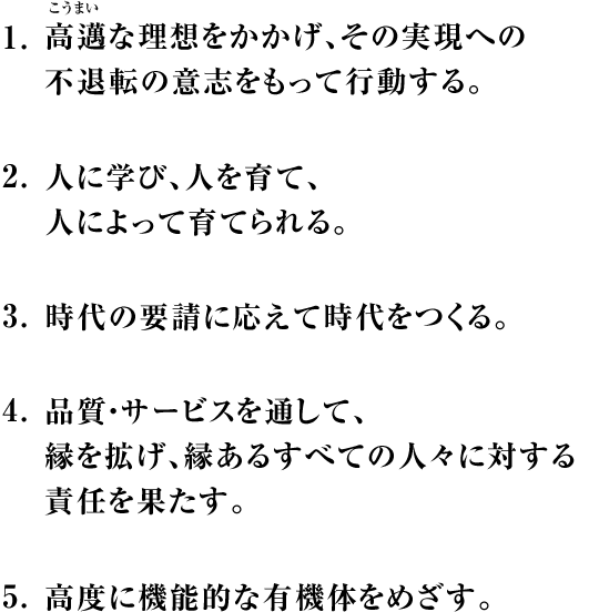 1.高邁な理想をかかげ、その実現への不退転の意志をもって行動する。2.人に学び、人を育て、人によって育てられる。3.時代の要請に応えて時代をつくる。4.品質・サービスを通して、縁を拡げ、縁あるすべての人々に対する責任を果たす。5.高度に機能的な有機体をめざす。